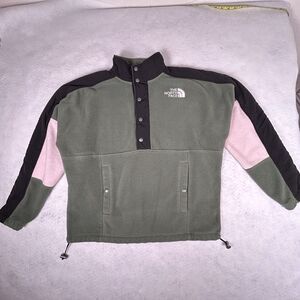 The North Face 1/4 snap popover green/pink fleece jacket drawstring Womens Sz L